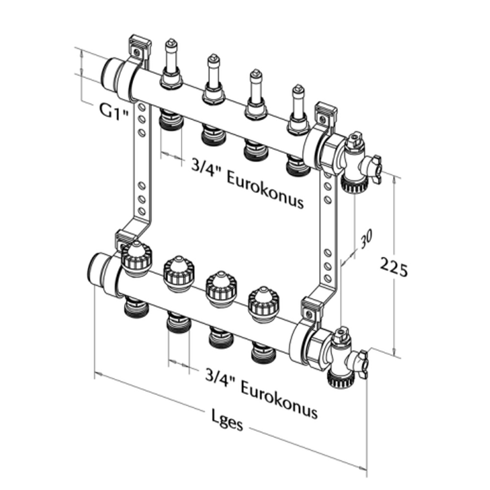 Roth 7-fach Heizkreisverteiler mit Durchflussanzeige absperrbar DN 25 (1") AG