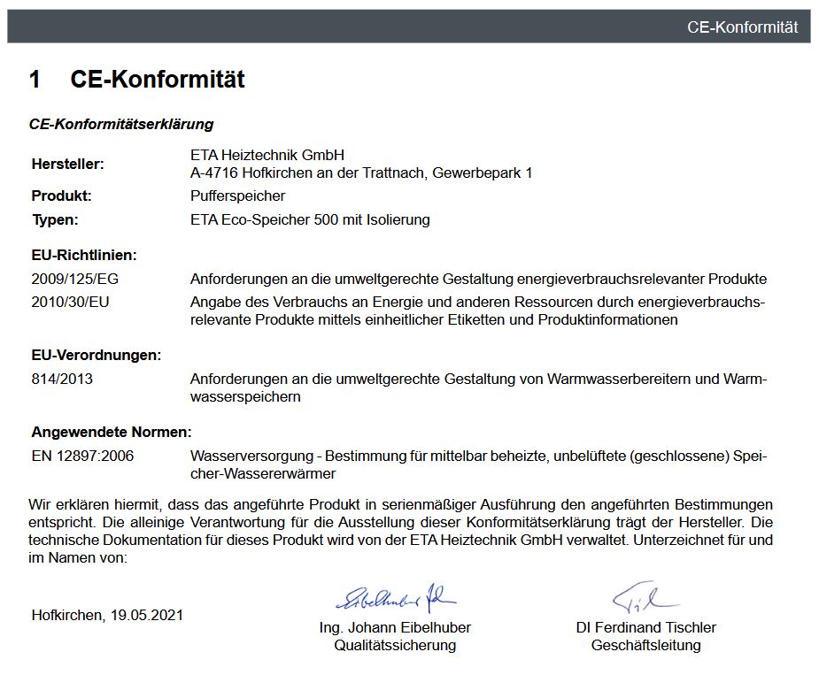 ETA ECO Speicher 500 Pufferspeicher geschäumter Isolierung RAL 1028 20500-03