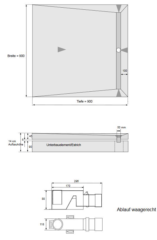 CS SDER Duschelement befliesbar - 90 x 90 cm mit Rinne / Ablauf