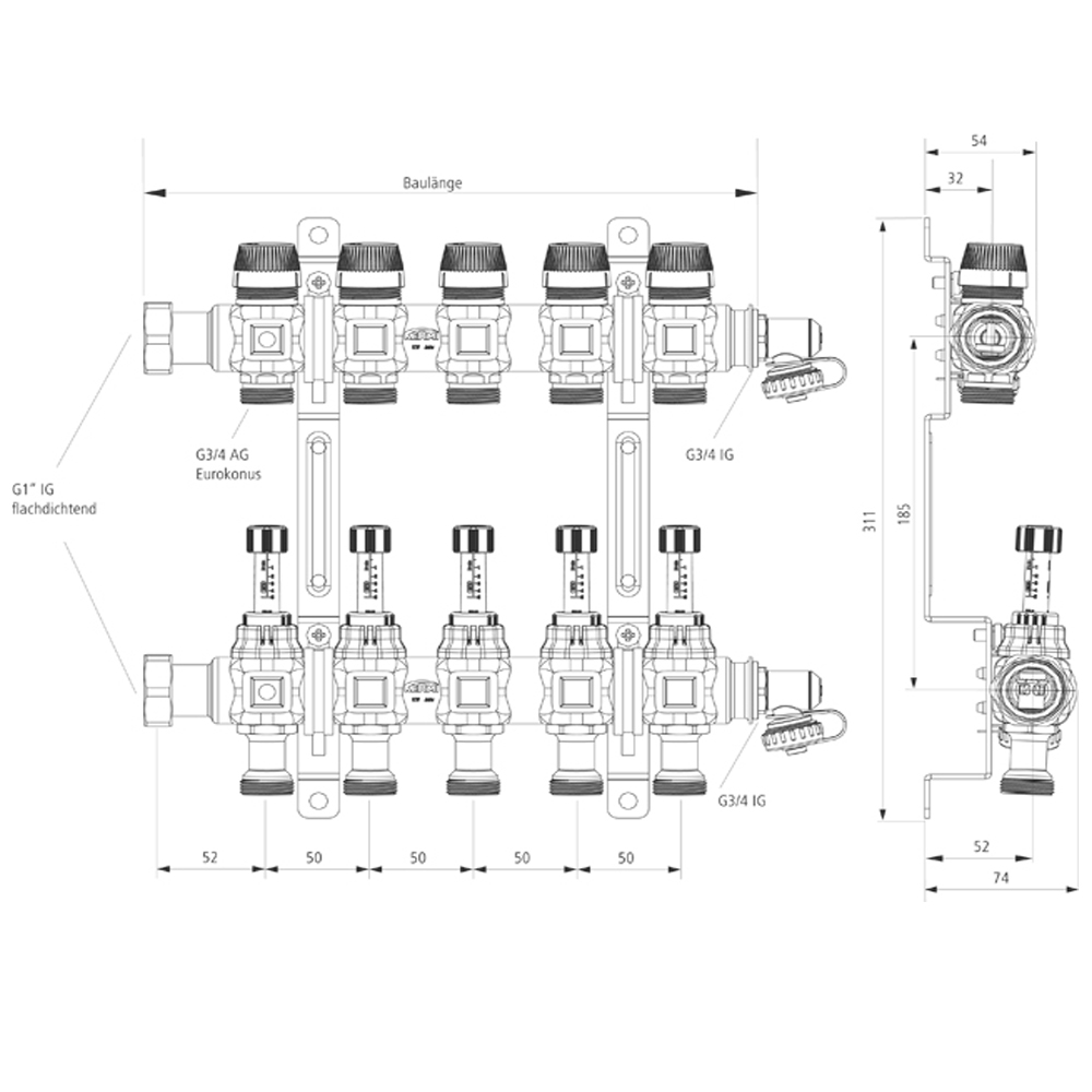 Kermi xnet Edelstahl Heizkreisverteiler Komfort-5 für 5 Kreis, Baulänge 320 mm