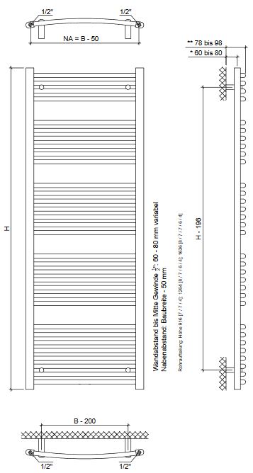 Badheizkörper Velon chrom gebogen Badwärmer Handtuchheizkörper Heizkörper