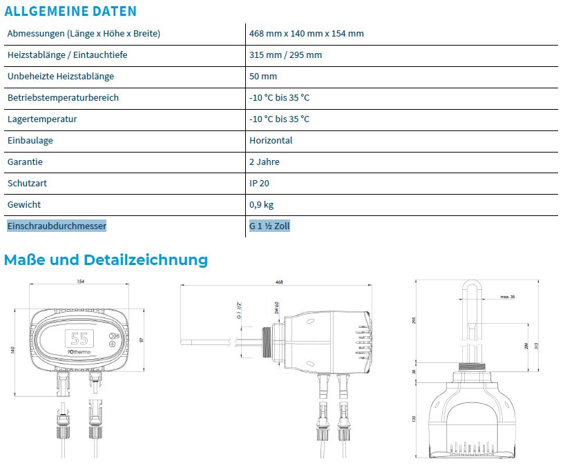 Fothermo 1000 Watt Solarheizstab stufenlos geregelt PV Warmwasser MC4 ROD-1000