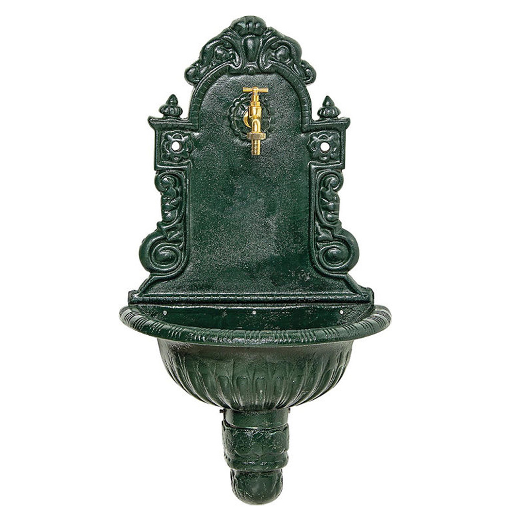Wandbrunnen aus Graugus grün mit Messing-Auslaufventil