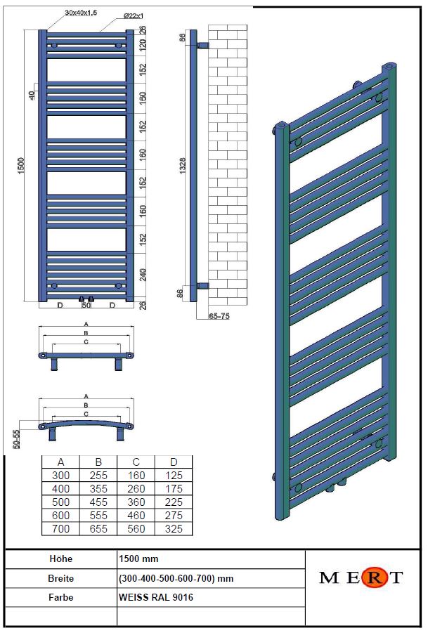 Badheizkörper Standard weiss 1-30x150-M