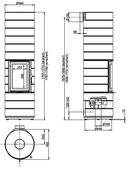Kaminofenn Leda Colona Speicherofen 1,7 kW Guss Vermiculite schwarz Abgang oben