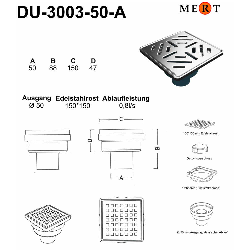 MERT Bodenablauf Duschablablauf Ablauf 150 x 150 mm Edelstahlrost DU-3003-50-A