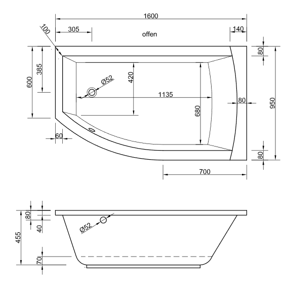Acryl Raumsparwanne Flo rechts 160 x 95 cm weiß Wanne Styropor Wannenträger
