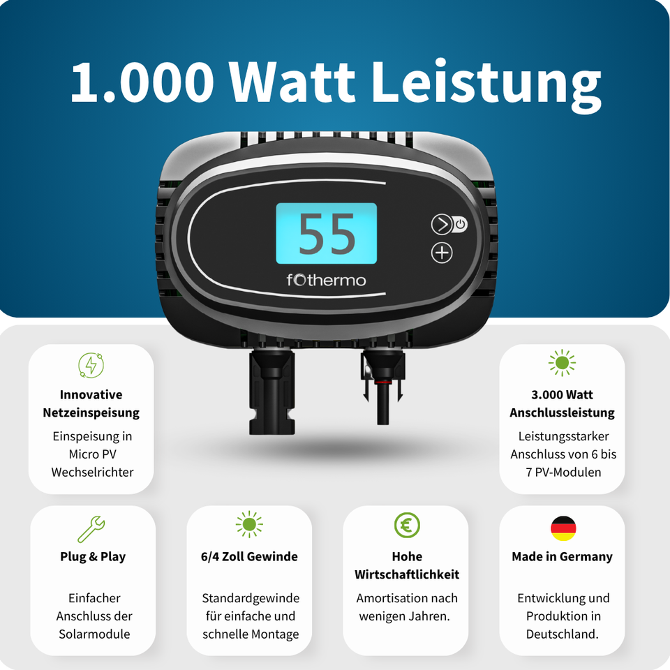 Fothermo 1000 Watt Solarheizstab stufenlos geregelt PV Warmwasser MC4 ROD-1000