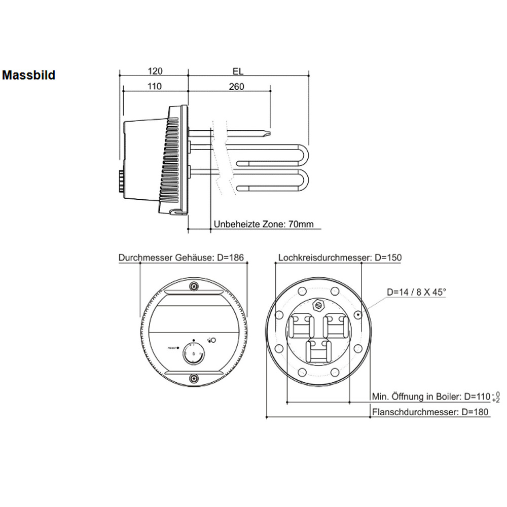 Askoma AHFOR-BI-OP Heizstab Flanschheizkörper 5,0 kW 400V stufenlos Ø 180mm