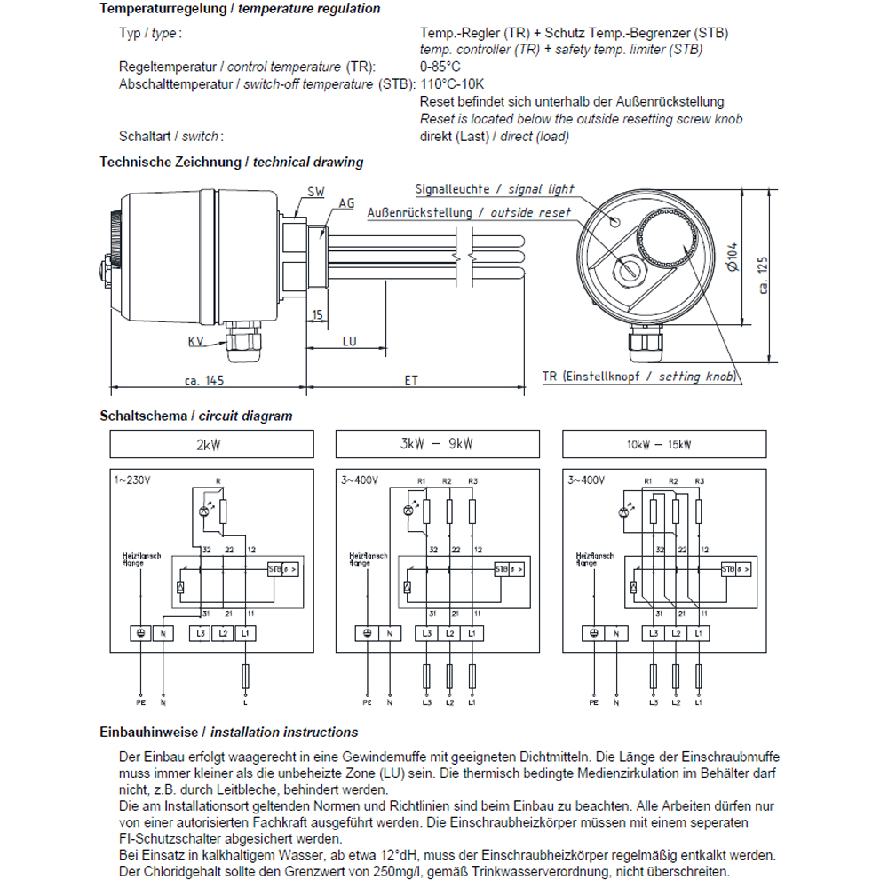 Türk & Hillinger DN40 Typ EHS Einschraubheizkörper 10,0 kW / 400 V - EBL 730 mm