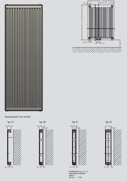 Buderus Vertikalheizkörper CV Profil Größe: Typ 22 / Höhe 2200 mm x Breite 500 mm
