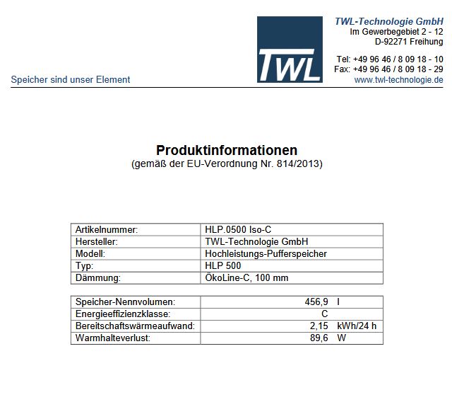 TWL Hochleistungs Pufferspeicher Typ HLP 500 Liter Isolierung C 1 Wärmetauscher