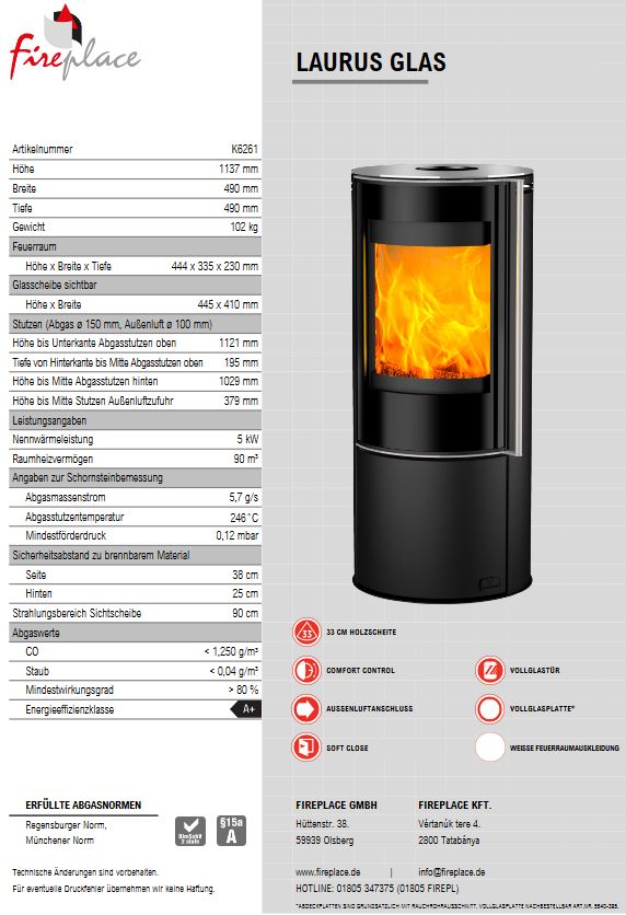 Kamin Kaminofen Fireplace Laurus Glas RLU K6261Stahl schwarz 5,0 kW