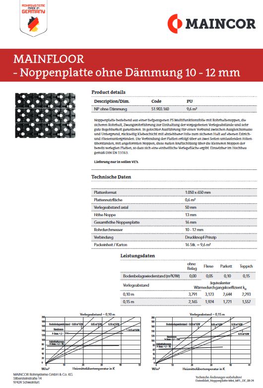 Mainfloor MFL Noppenplatte ohne Dämmung 10 - 12 mm Renovierung Fußbodenheizung