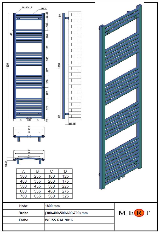 Badheizkörper Standard weiss 1-30x180-M