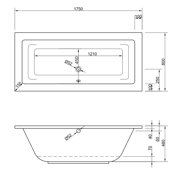 Acryl Badewanne Lupor 175 x 80 cm weiß Wanne Styropor Wannenträger rechteck