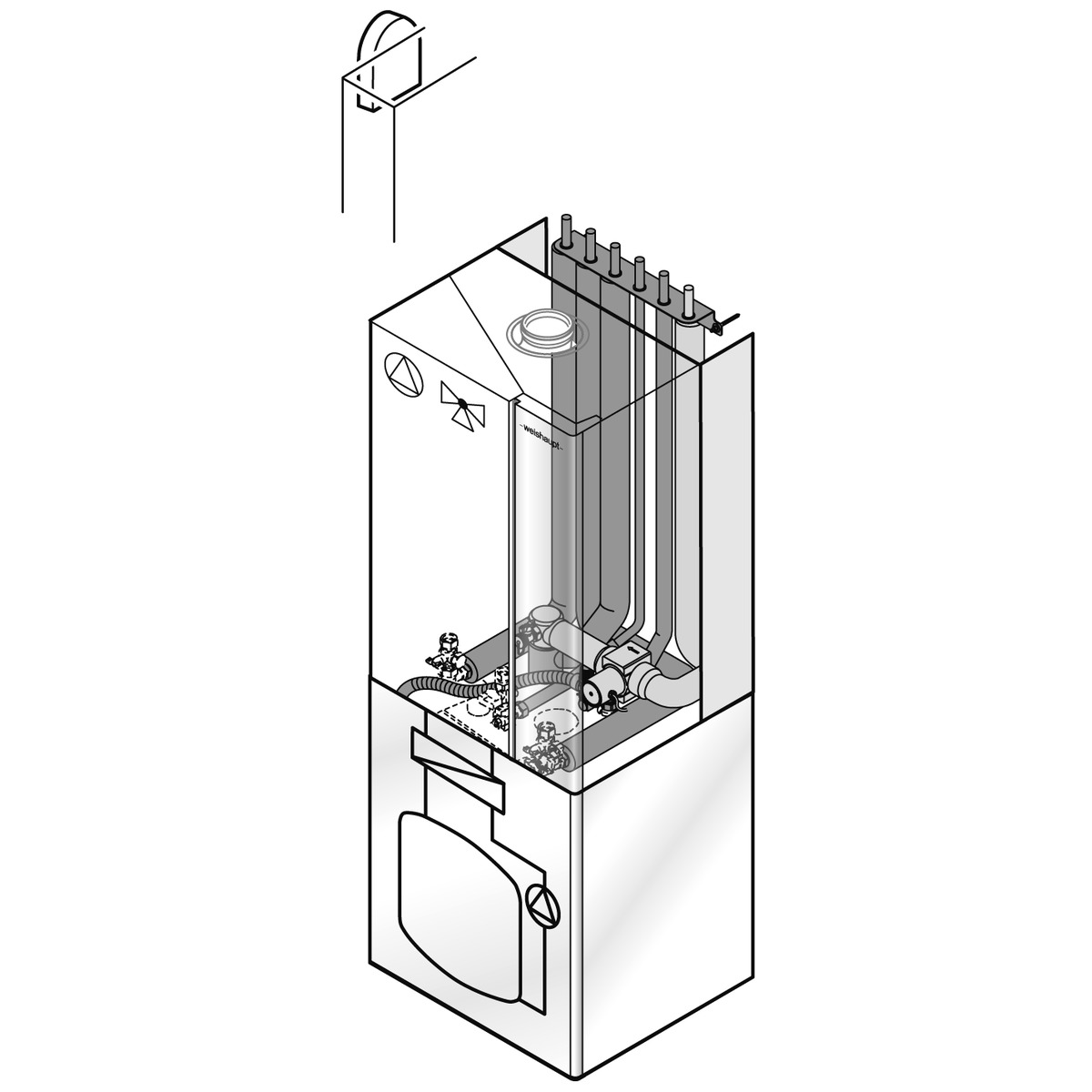 Weishaupt Gasbrennwert Kompaktgerät Paket WTC-GB 15-B K-80P Zirkulation/Pumpe oben