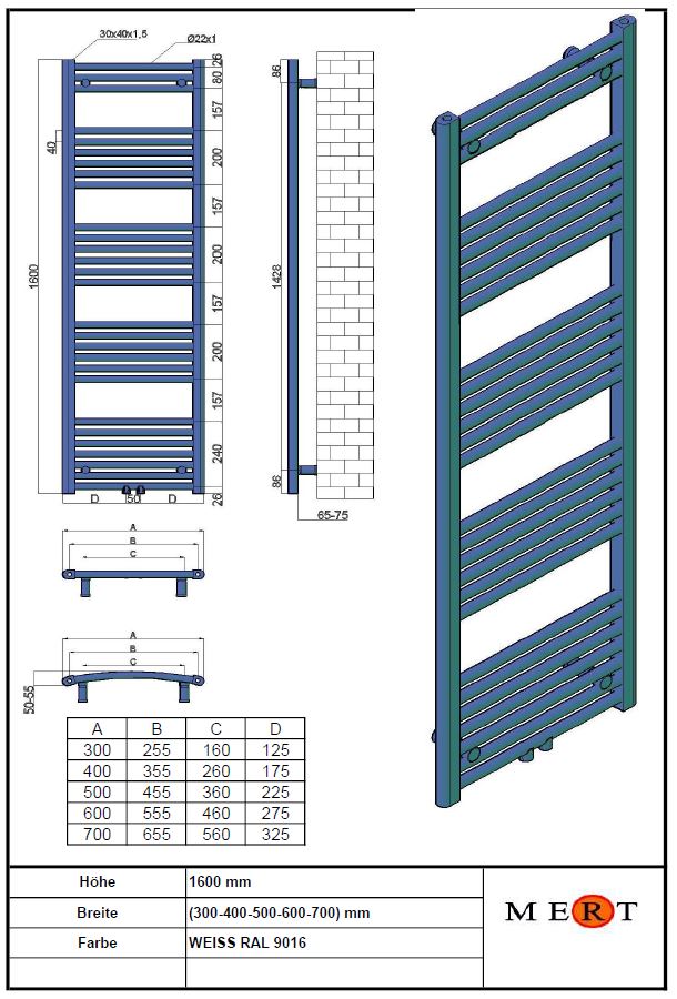 Badheizkörper Standard weiss 1-60x160-M