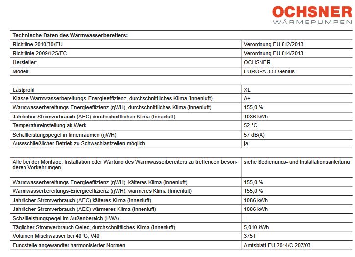 Ochsner Europa 333 Genius 375 L 110280 Warmwasser Wärmepumpe Luft/Abluft