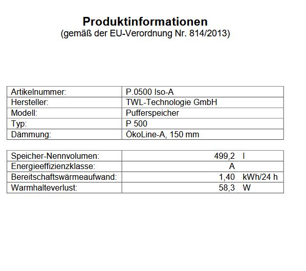 TWL Pufferspeicher Typ P 500 Liter Isolierung A Muffenanordnung 180° Heizung