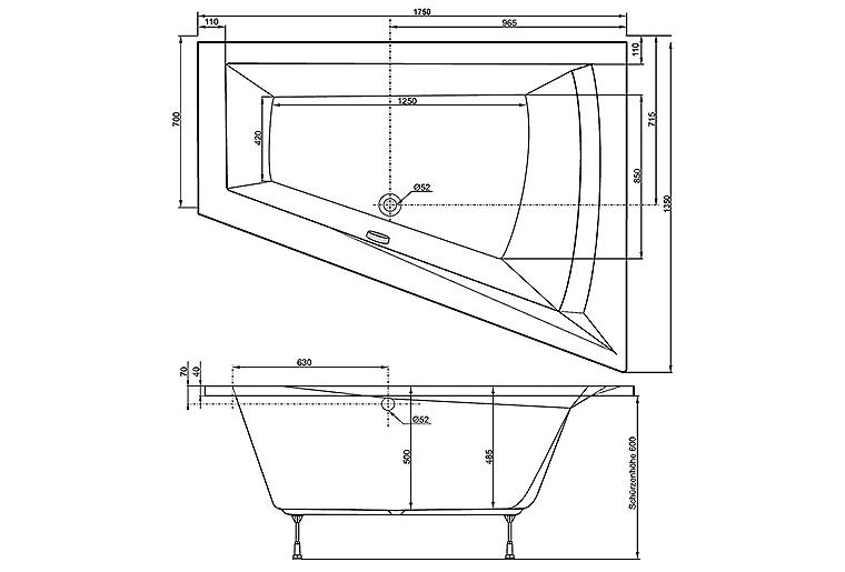 Raumspar Badewanne LAGO II rechts 175 x 500 x 1350/700 mm Acryl weiß Träger
