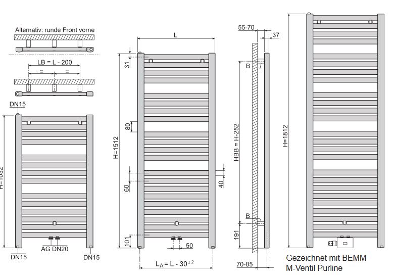 BEMM Duamo Design Badheizkörper weiß Heizkörper Handtuchwärmer Mittenanschluß