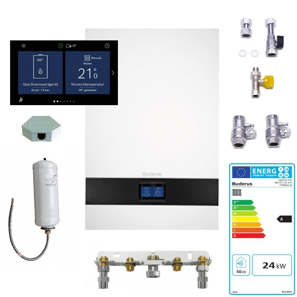 Buderus Paket W26 Gas Brennwert Kombigerät GB172i.2-24 T50 kW Regelung BC400