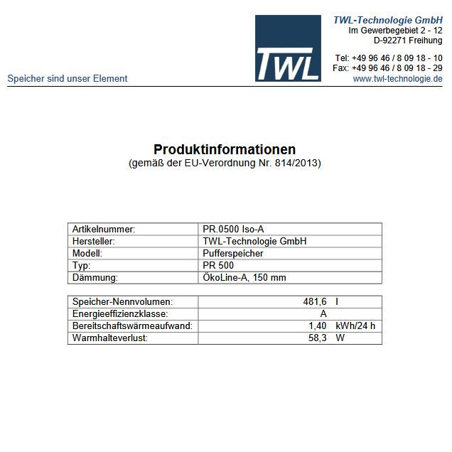 TWL Pufferspeicher Typ PR 500 Liter Iso A Muffenanordnung 180° 1 Wärmetauscher