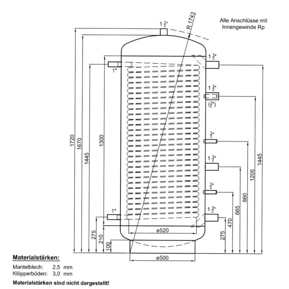 TWL Hochleistungs Pufferspeicher Typ HLP 500 Liter Isolierung B 1 Wärmetauscher