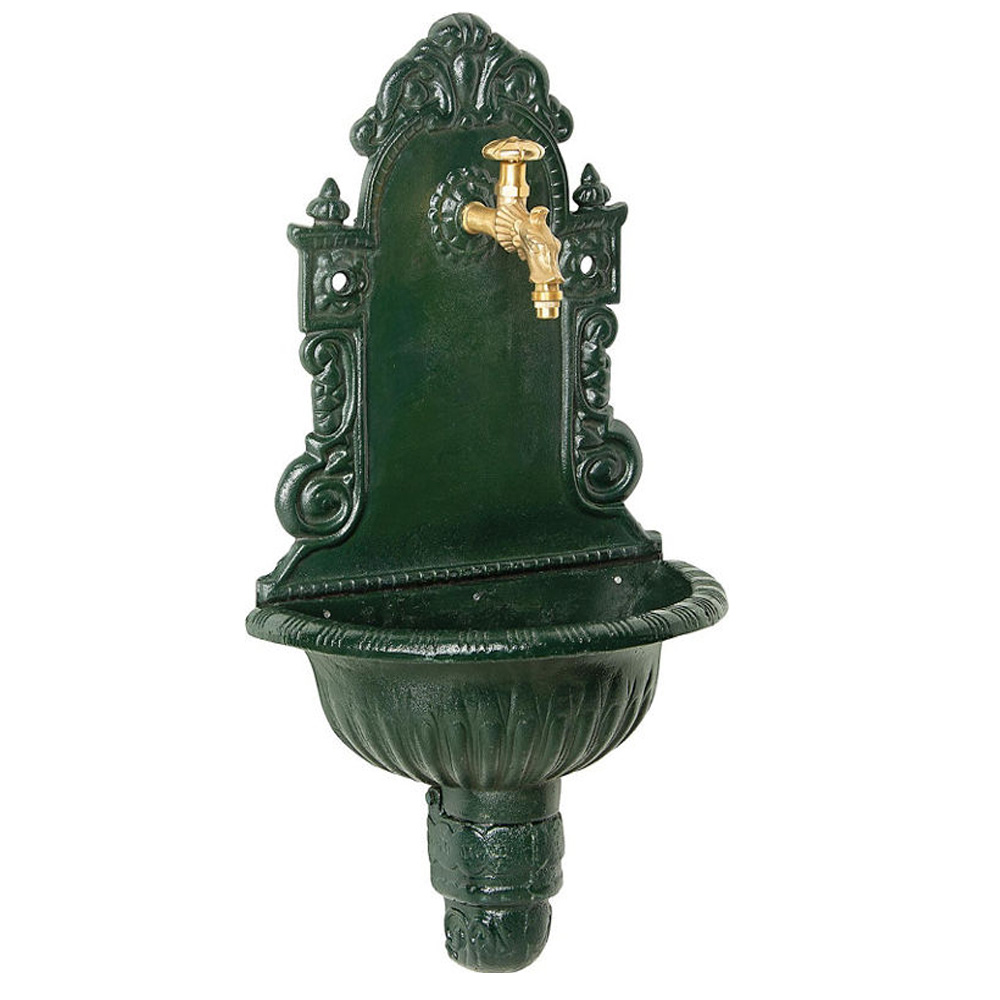 Wandbrunnen aus Graugus grün mit Messing-Nostalgieventil
