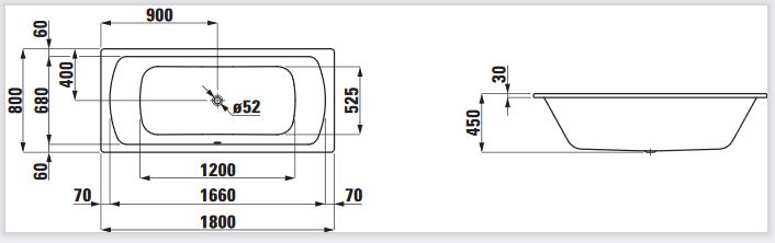 Stahl Badewanne Elunos 180 x 45 x 80 cm weiß Wannenträger Ab- Überlaufgarnitur