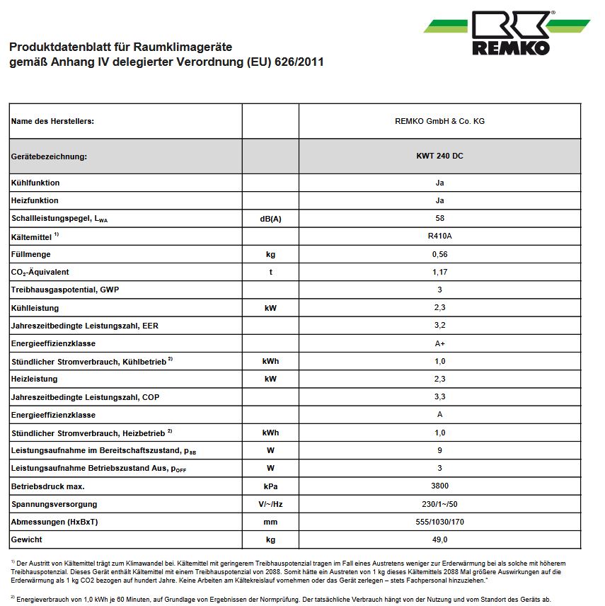 REMKO Raumklimgerät KWT 240 DC Wandtruhe Klimaanlage Wandklimagerät #1609240