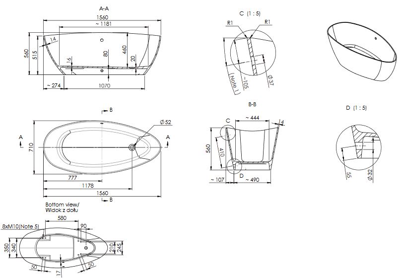 Mineralguss Badewanne DUO freistehend Überlauf links 156 cm x 71 cm x 56 cm