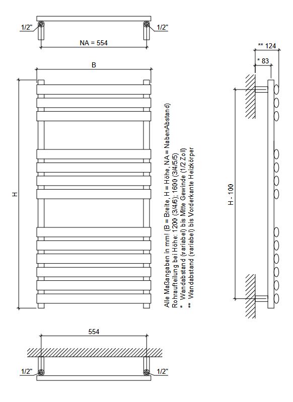 Corpotherma Badheizkörper Yta Chrom 1200 x 600 x 63 mm Designheizkörper