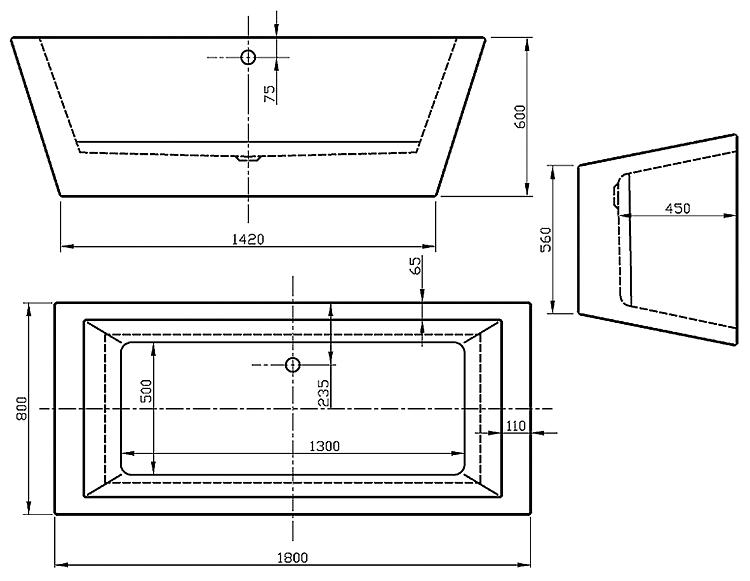 Acryl Badewanne weiss K.ONE freistehend 180 x 80 cm Ablaufgarnitur Mittenablauf
