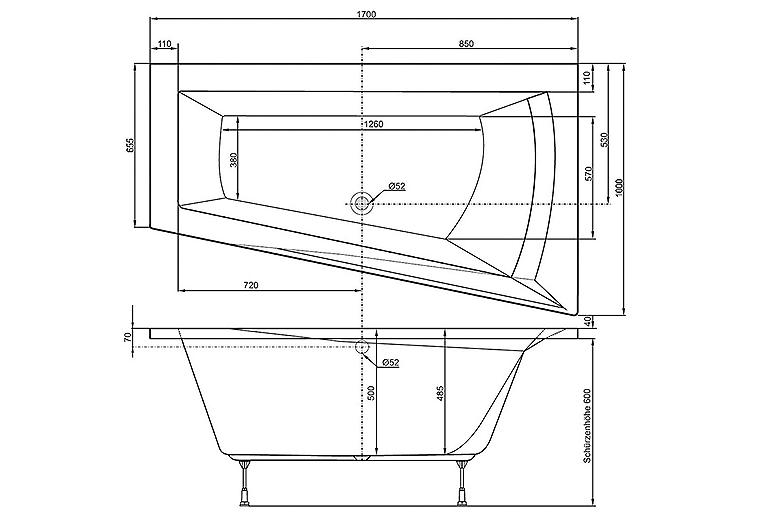 Raumspar Badewanne LAGO I rechts 170 x 500 x 1000/655 mm Acryl weiß Wannenträger