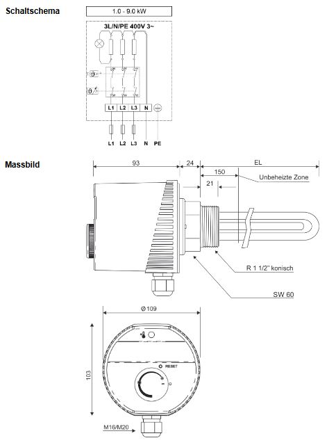 Askoma Heizstab Typ AHIR-BI-OP 9,0 kW 400V stufenlos DN 40 für Ohmpilot