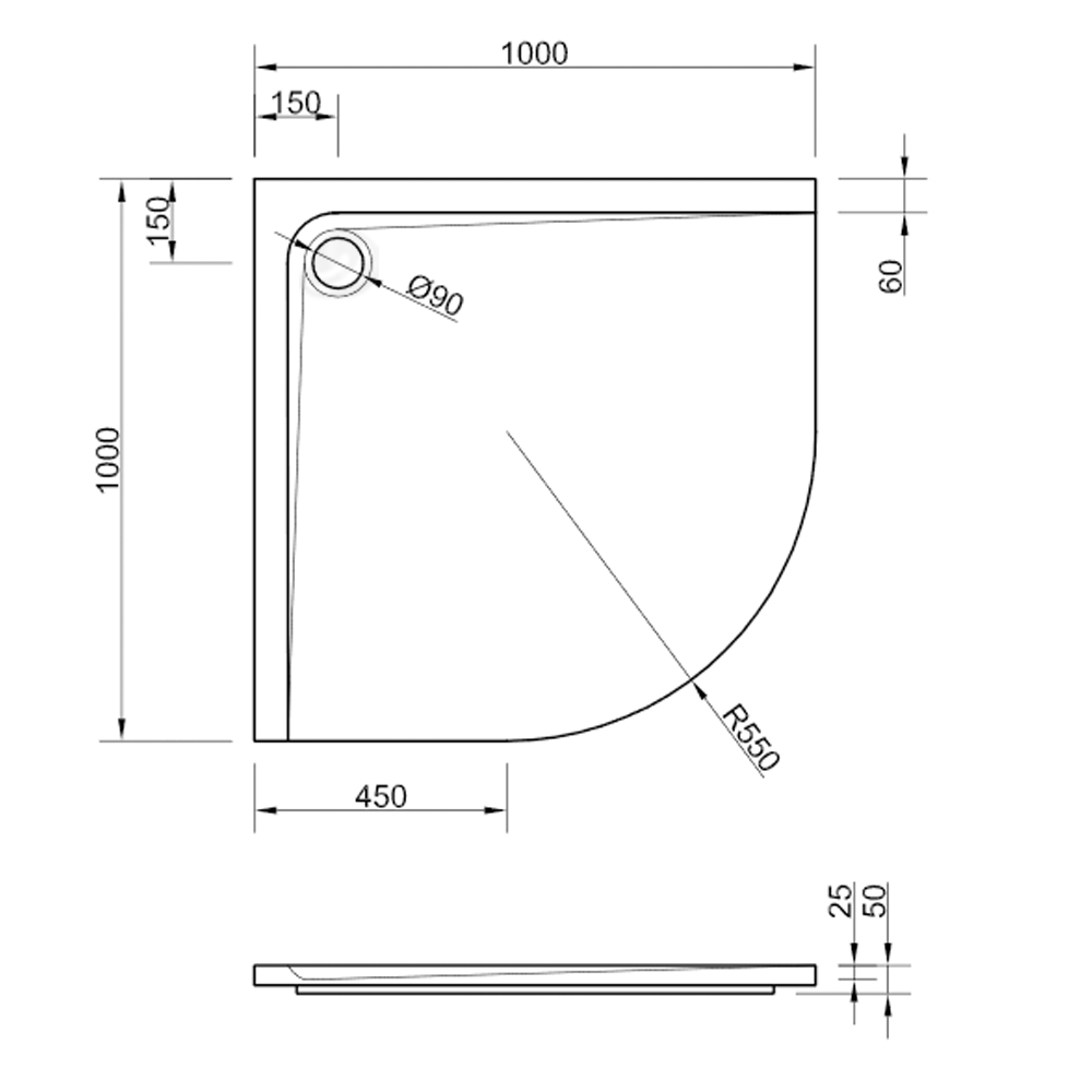 Acryl Viertelkreis Duschwanne Arenal 100 x 100 R55 CS Finish Dichtsystem Dusche