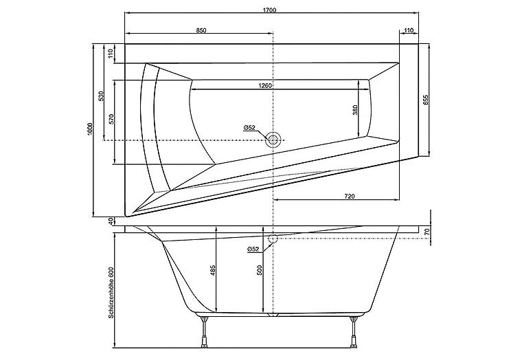 Raumspar Badewanne LAGO I links 170 x 500 x 1000/655 mm Acryl weiß Wannenträger
