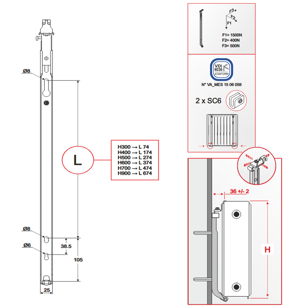 DeLonghi Wandkonsolenset für Profil-und Planheizkörper Typ 21/22/33 BH 300 bis 900 mm