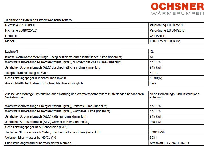OCHSNER Europa N 300 R CA  Luft Warmwasser Wärmepumpe 393 L R290 9200060