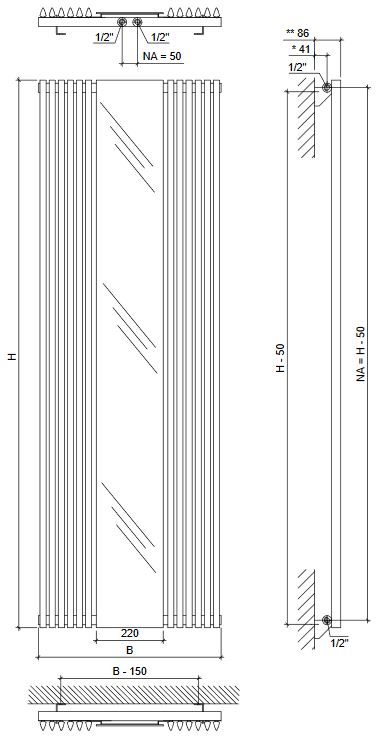 Design Röhrenheizkörper Aurora M Spiegel gerade Vertikalheizkörper weiß MA