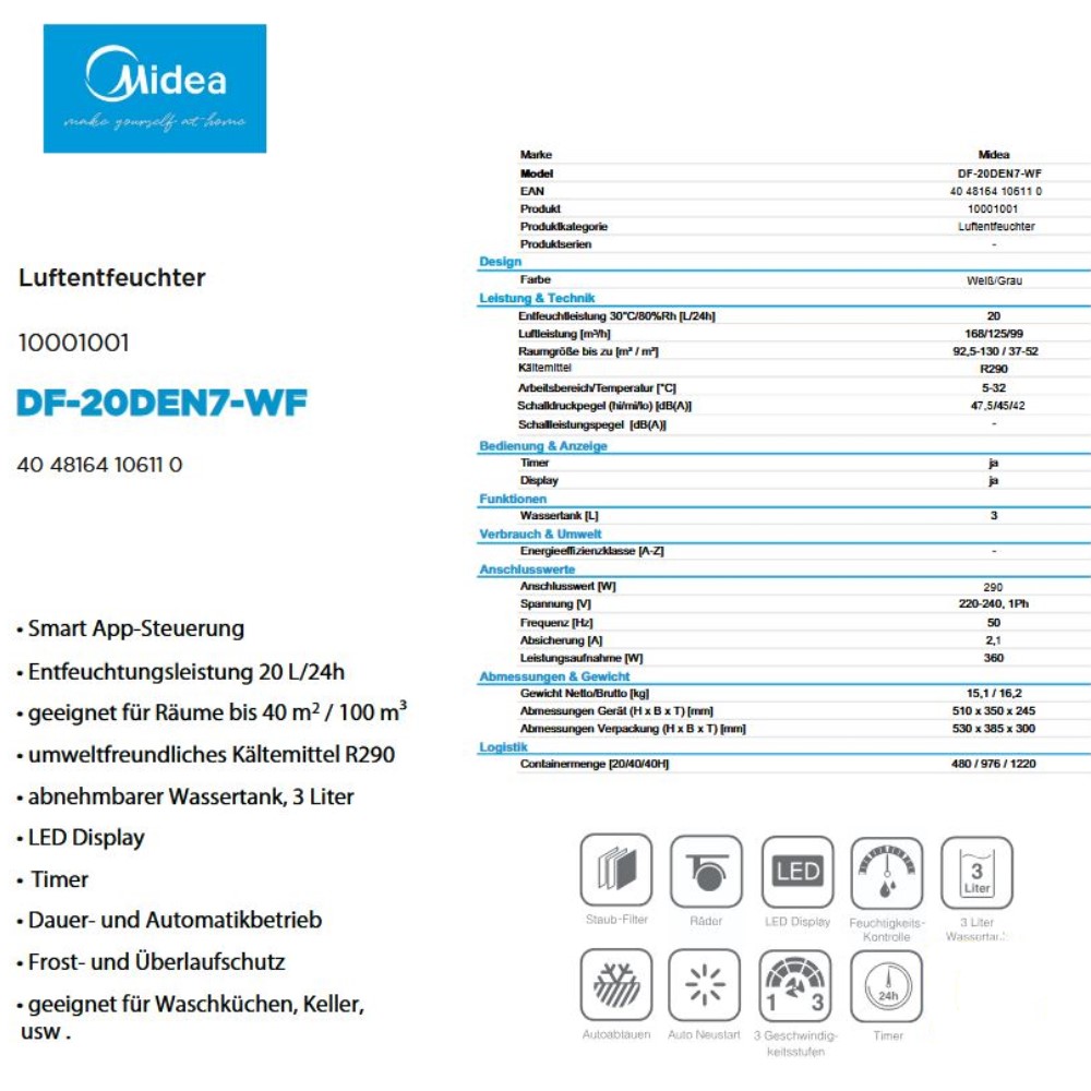 Midea Luftentfeuchter DF-20DEN7-WF (R290) Entfeuchter Trockner #10001001