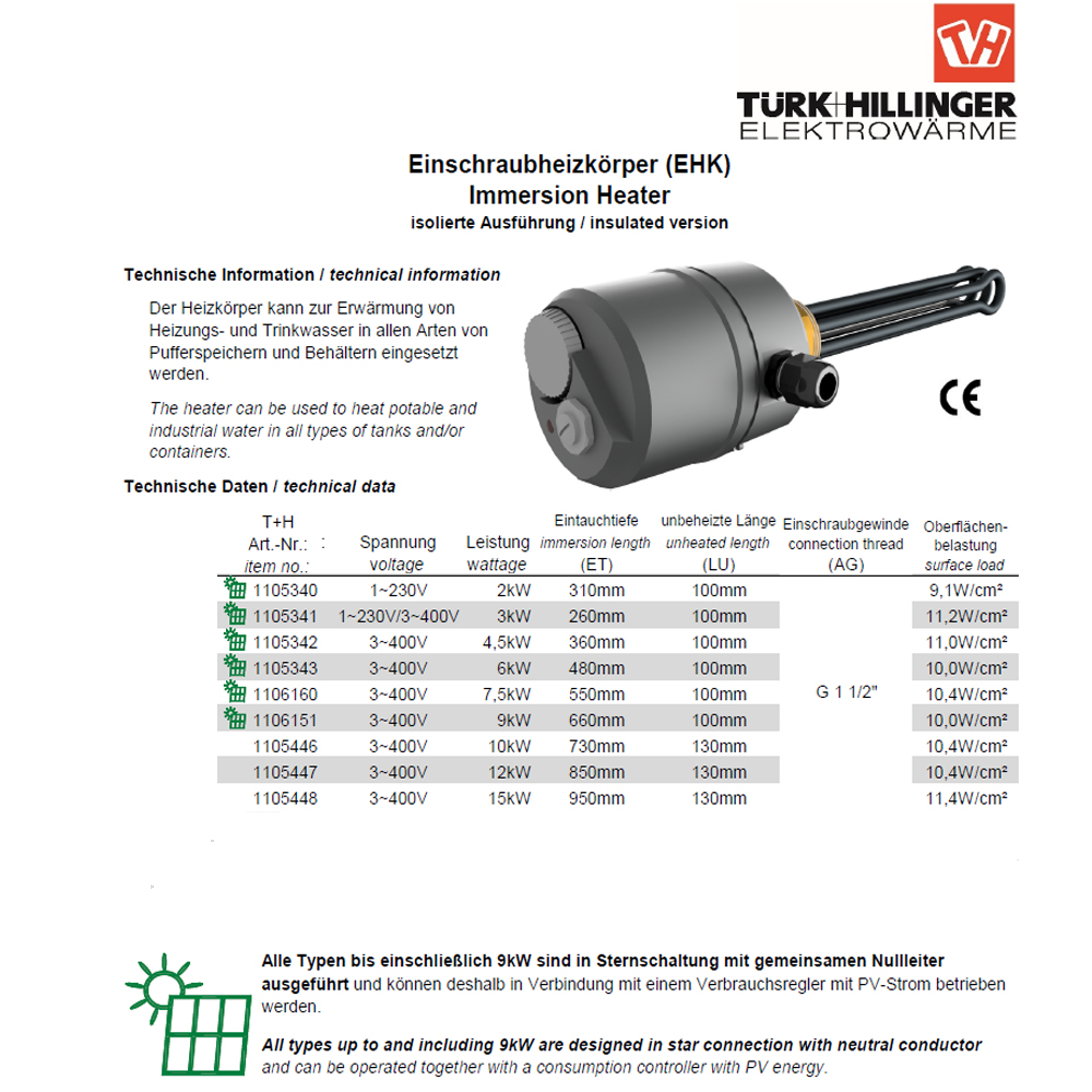 Türk & Hillinger DN40 Typ EHS Einschraubheizkörper 10,0 kW / 400 V - EBL 730 mm