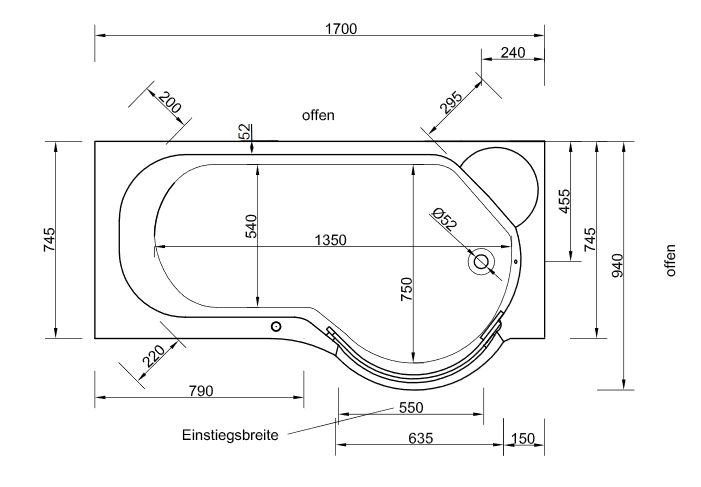 Acryl Kombiwanne Pazifik mit Tür 170 cm re Badewanne Glastür Schürze Fußgestell