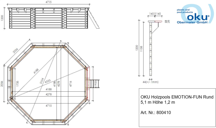 OKU Holzpool EMOTION-FUN rund 5,1 m x 1,2 m 800410 Pool Folie blau komplett