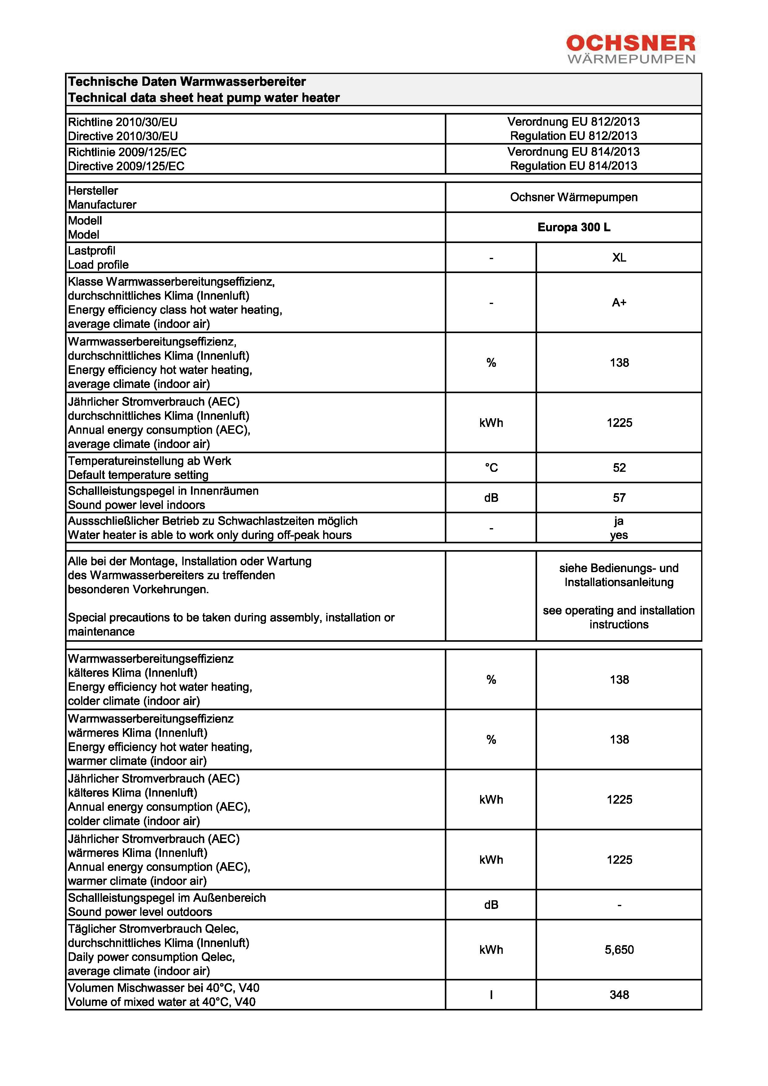 OCHSNER Europa 300 L 110295 Warmwasser-Wärmepumpe Trinkwasserwärmepumpe