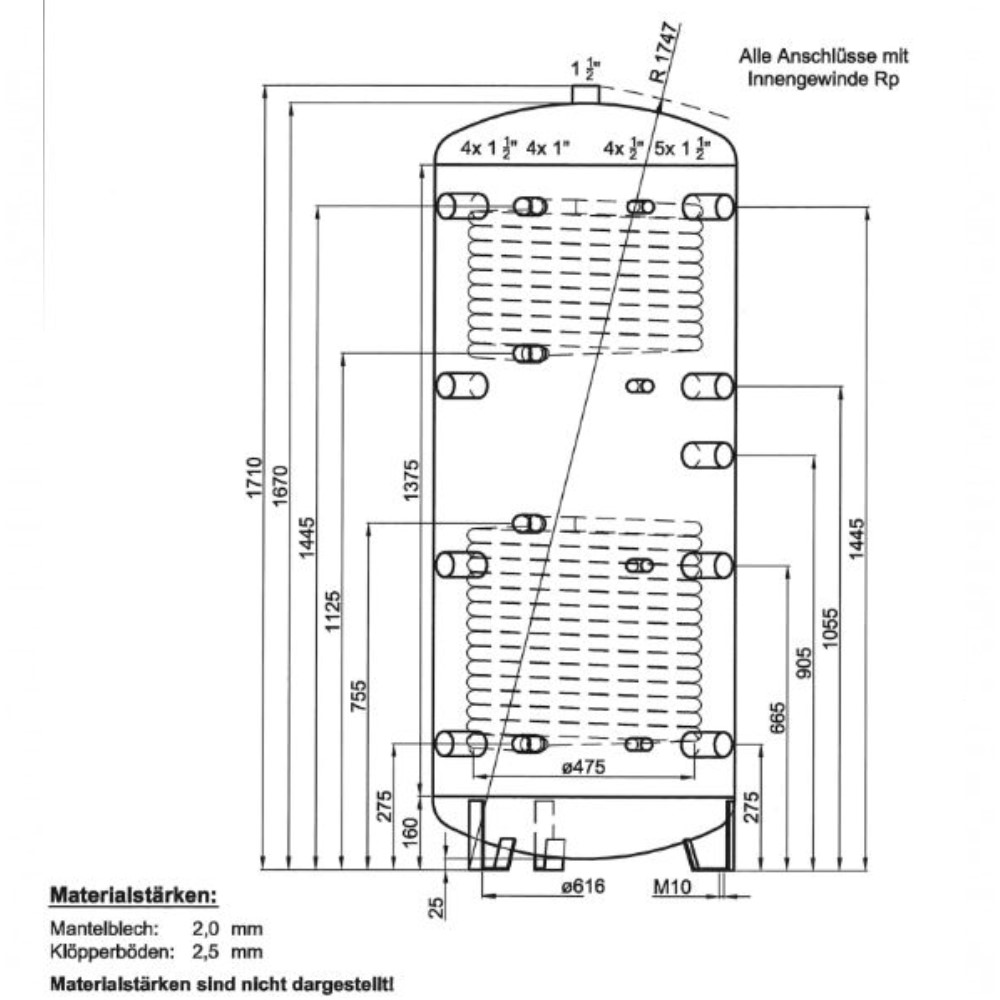 TWL Pufferspeicher Typ PR2 500 Liter Iso B Muffenanordnung 90° 2x Wärmetauscher