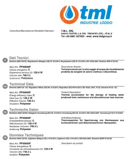 TML Pufferspeicher PF 800 Heizung ohne Wärmetauscher Inhalt 749 Liter Isolierung