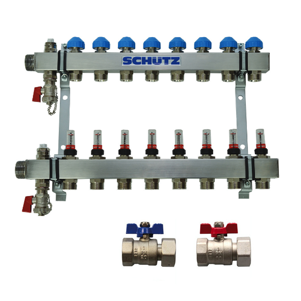 Schütz Heizkreisverteiler 7 HK / 420 mm + Konsole + Kugelhahnset